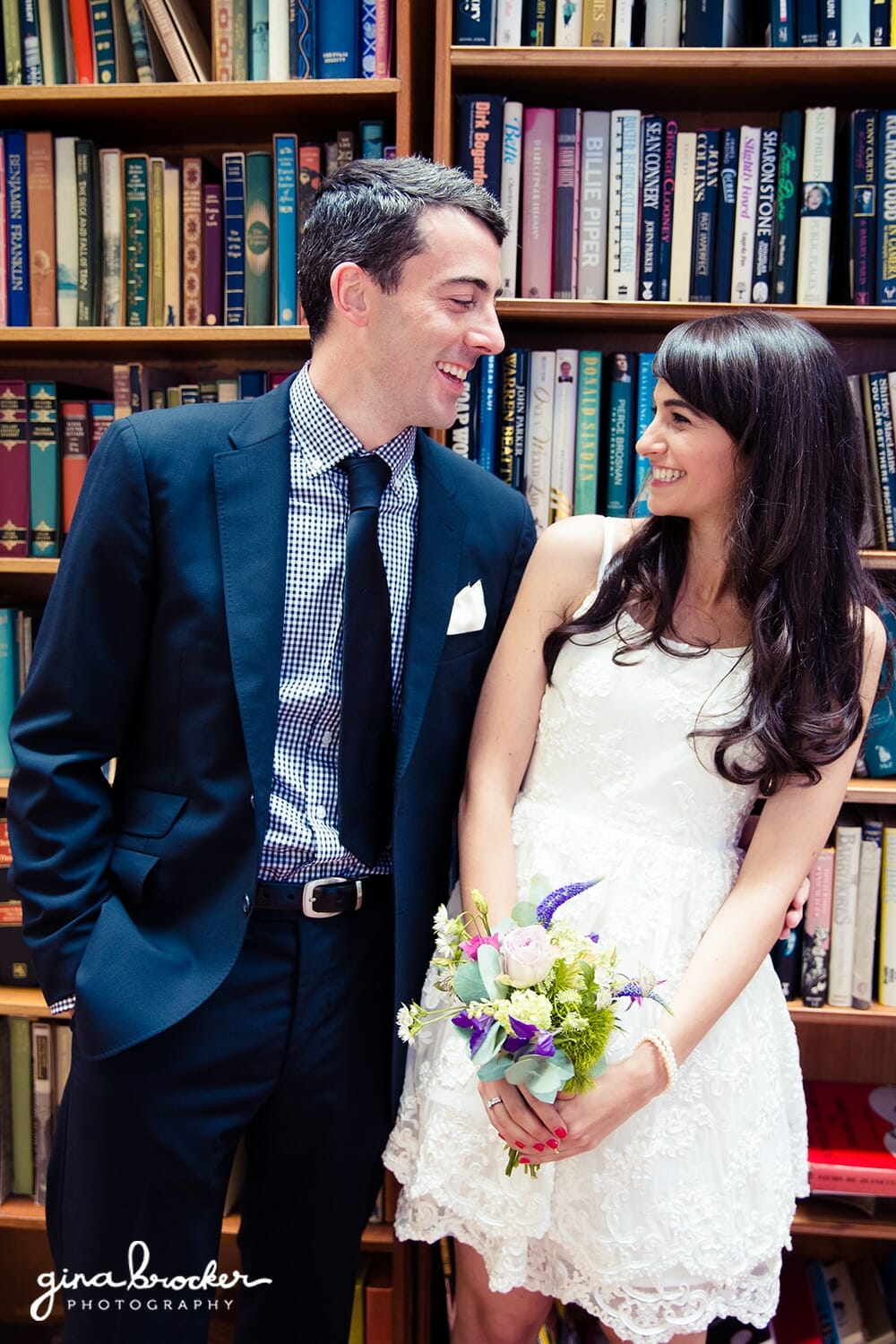 Bride and Groom portraits in book shop