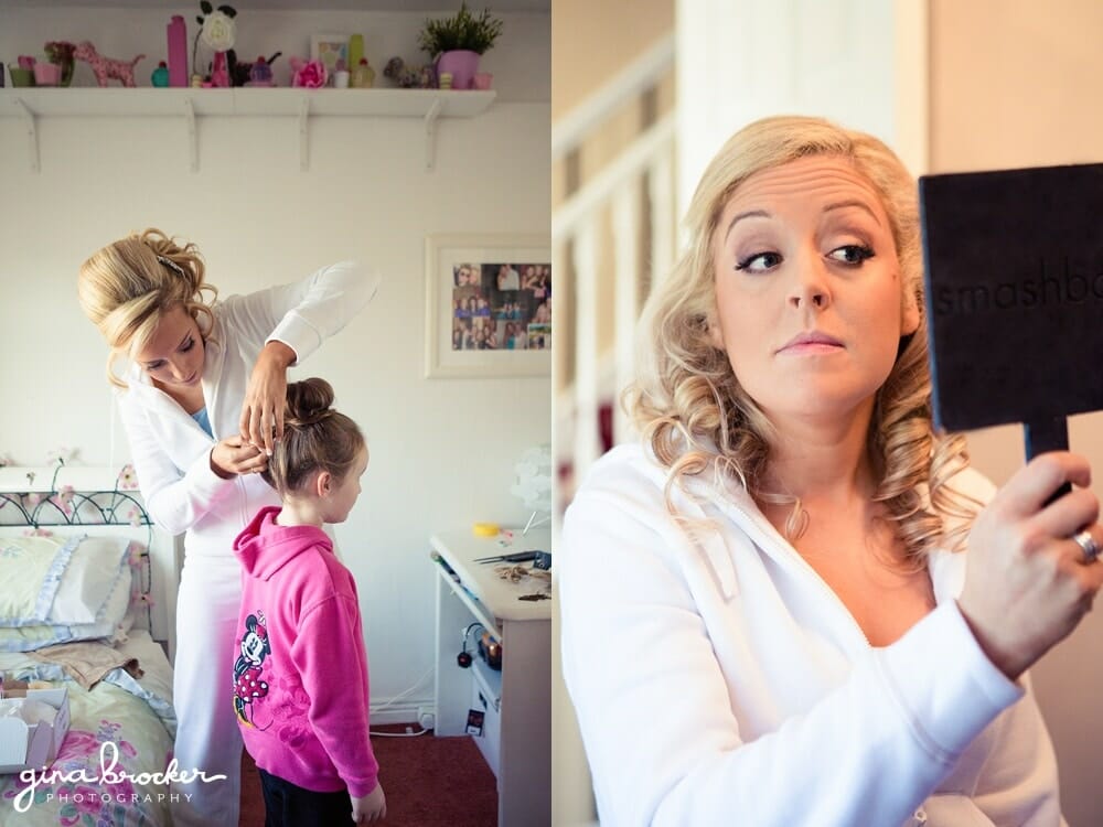 Bridesmaid does Flower girl's hair, Bride looks at her makeup