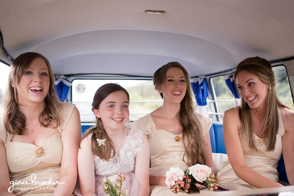 Bridesmaid and Flower Girl go to ceremony in a VW Bus