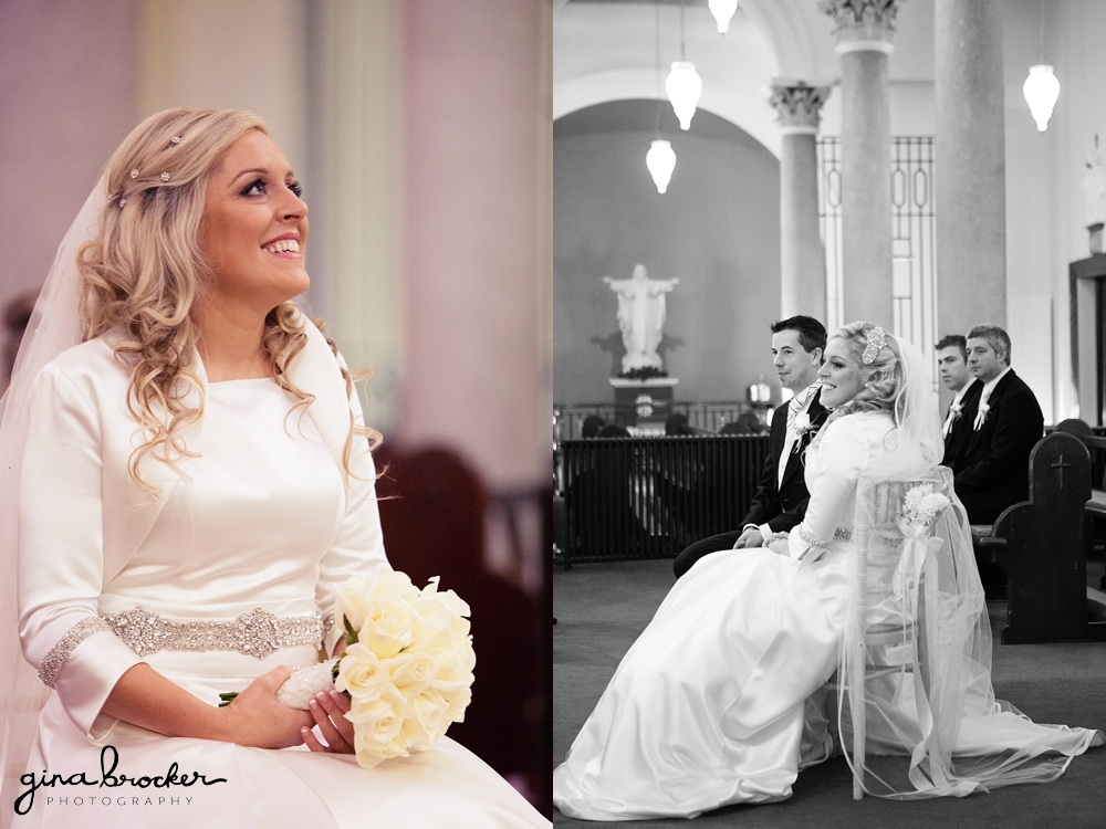 Bride smiles during her classic winter wedding ceremony
