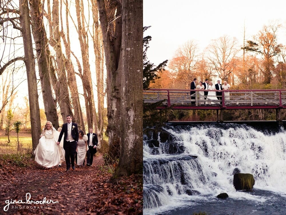 Wedding Party walks through the woods and onto a bridge over the river