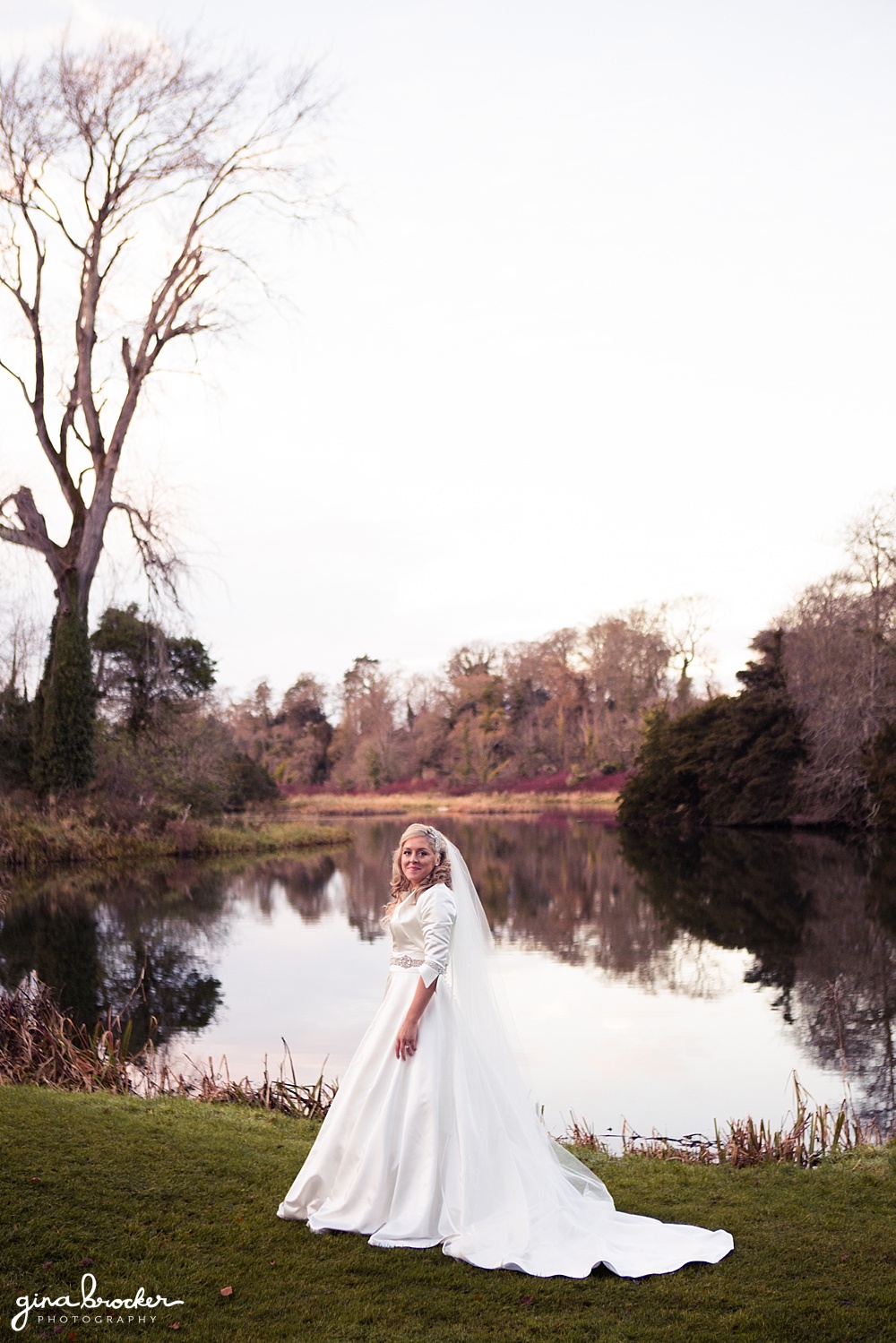 Classic Winter Wedding Bride in front of lake