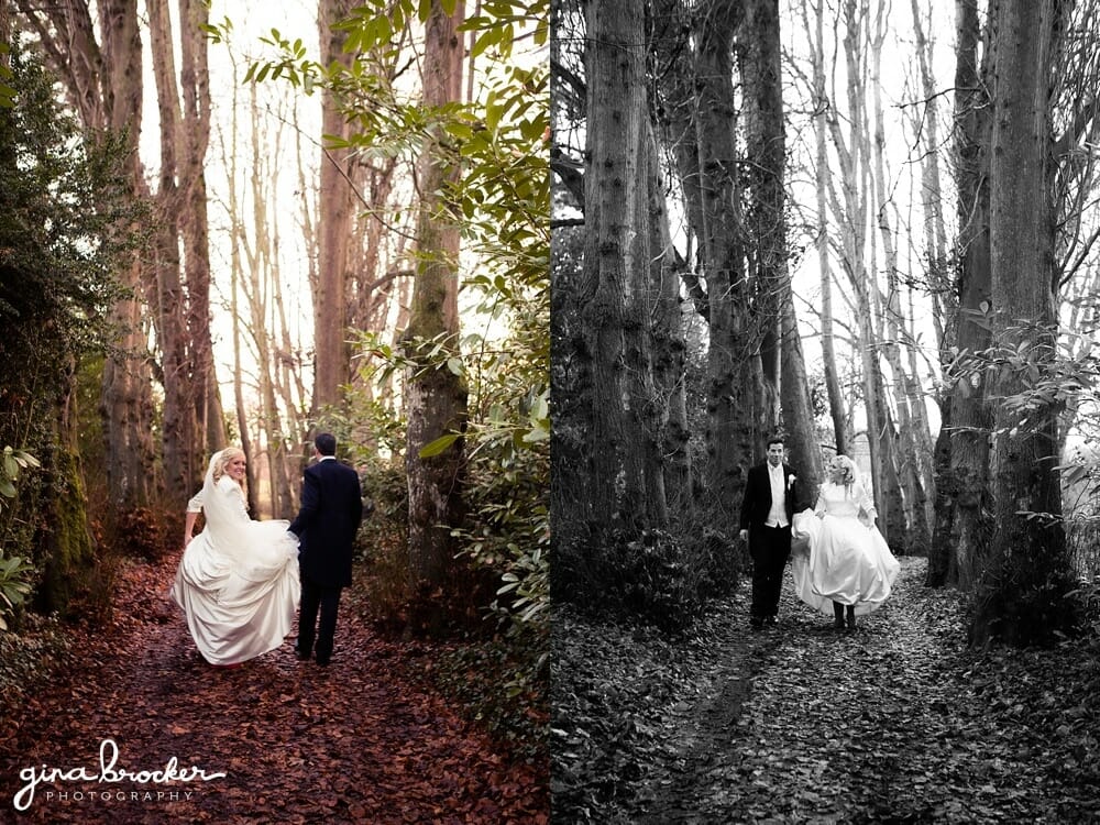 Classic winter wedding bride and groom walking in the woods