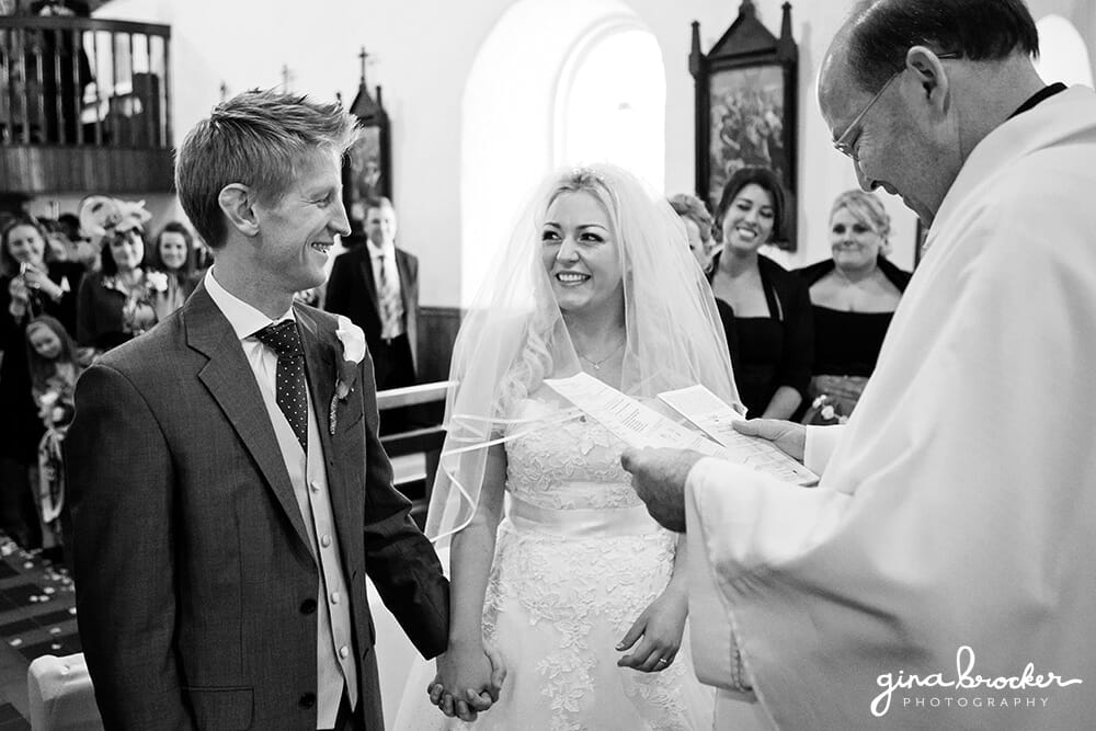 Bride and groom exchanging vows in church ceremony