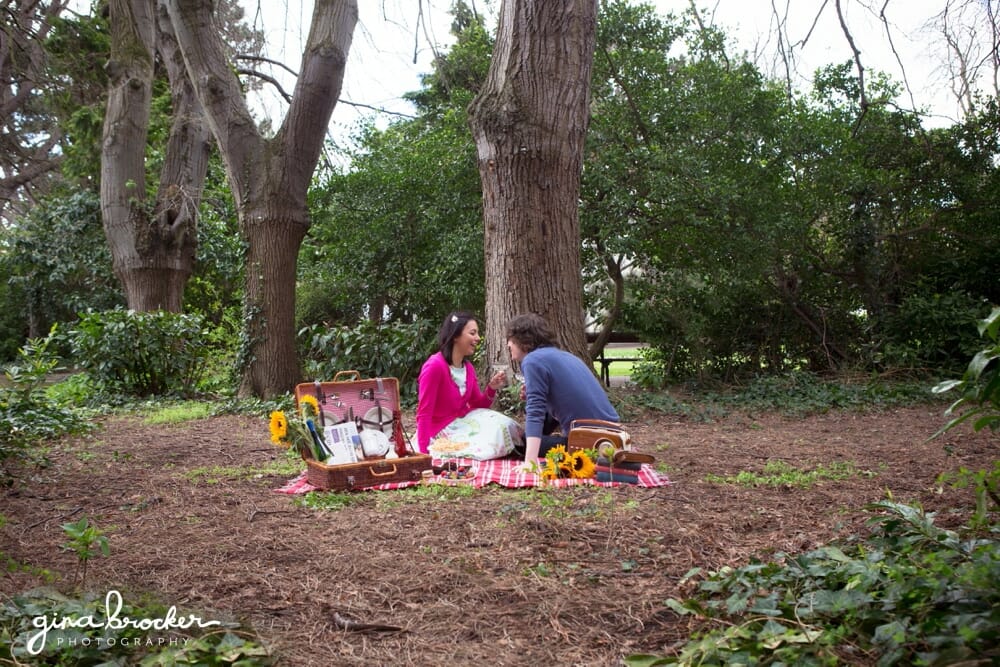 This couple have fun during their rustic picnic love story session
