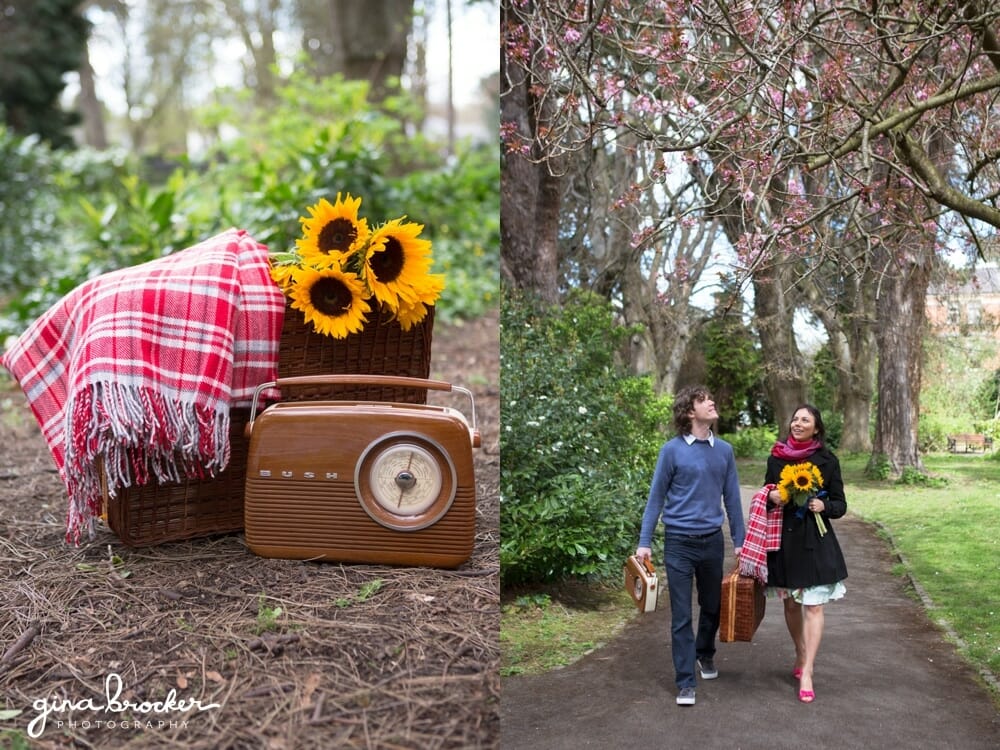The couple pack up their rustic picnic of sunflowers, plaid blankets and a retro radio and walk back into the city