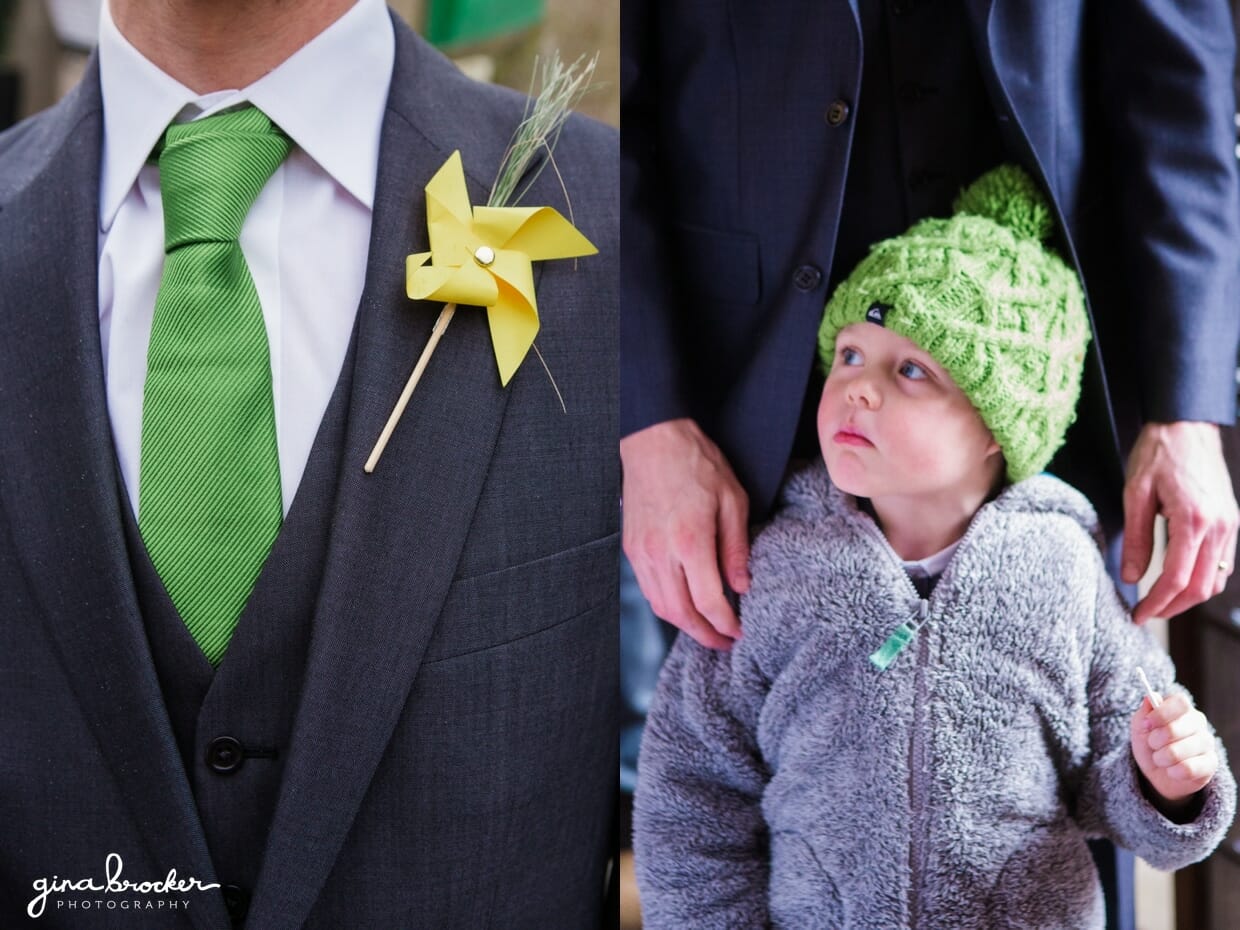 The groom wears a yellow pinwheel boutonniere and a lime green tie for his fun and retro wedding