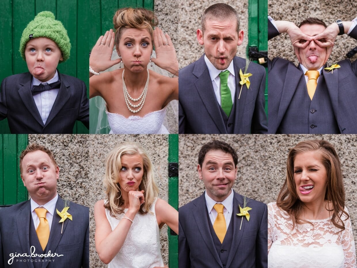 fun and silly portraits of the bride, groom, bridesmaids, groomsmen and pageboy during a fun and retro wedding
