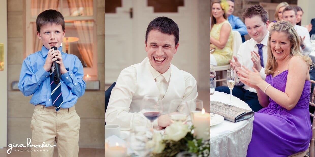 Wedding guests smile and laugh as the ring bearer makes an amazing wedding toast