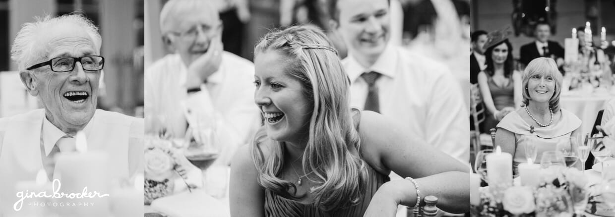 Guest laugh at the hilarious wedding toast given by the best man