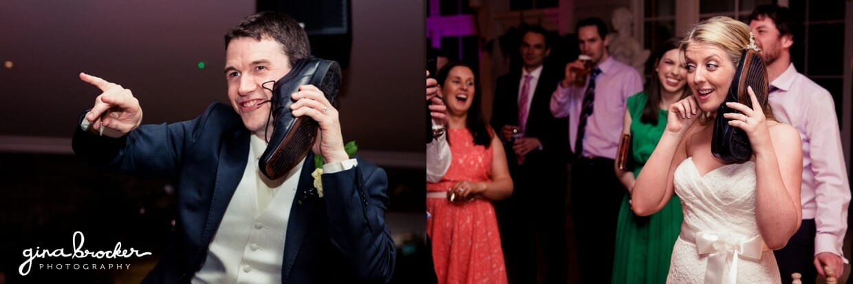 The groom reenacts a special memory for him and his bride during their fun wedding dance party