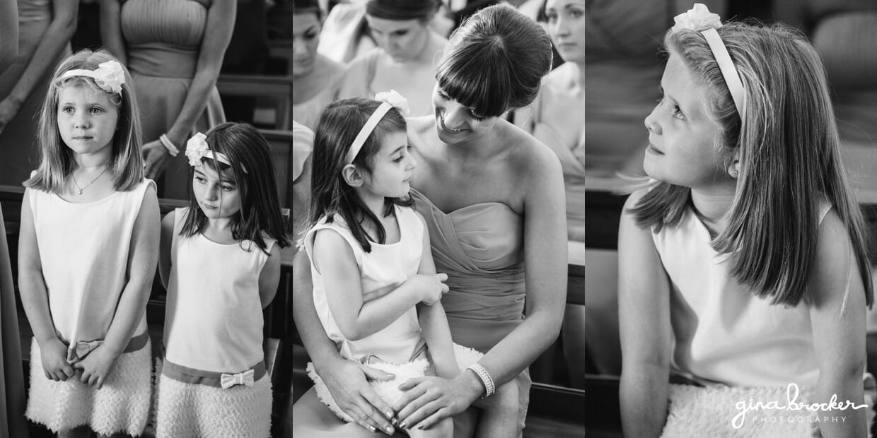Candid photographs of two flower girls during an intimate wedding ceremony in a small church