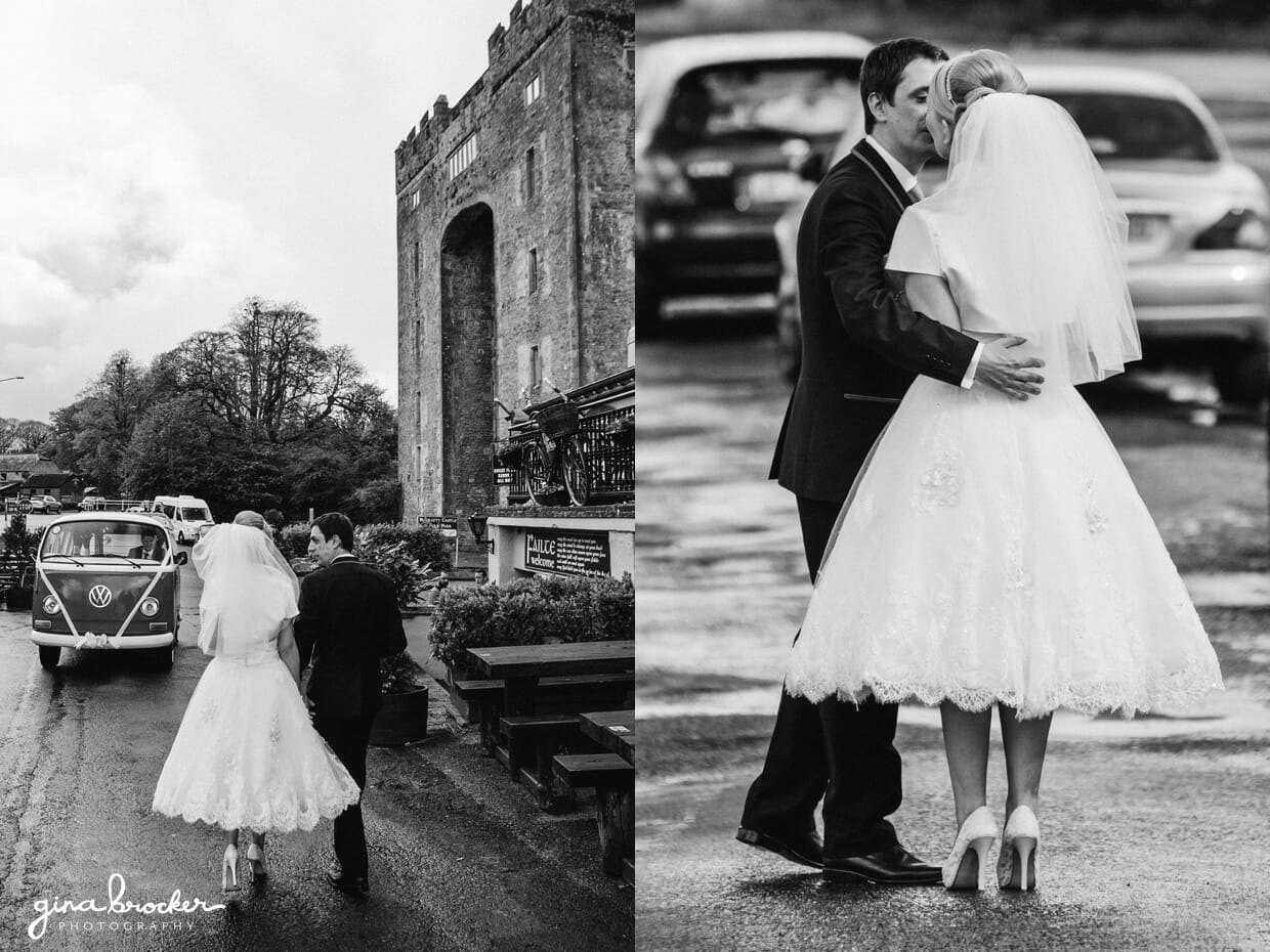 The bride and groom walk together during their sweet and retro wedding