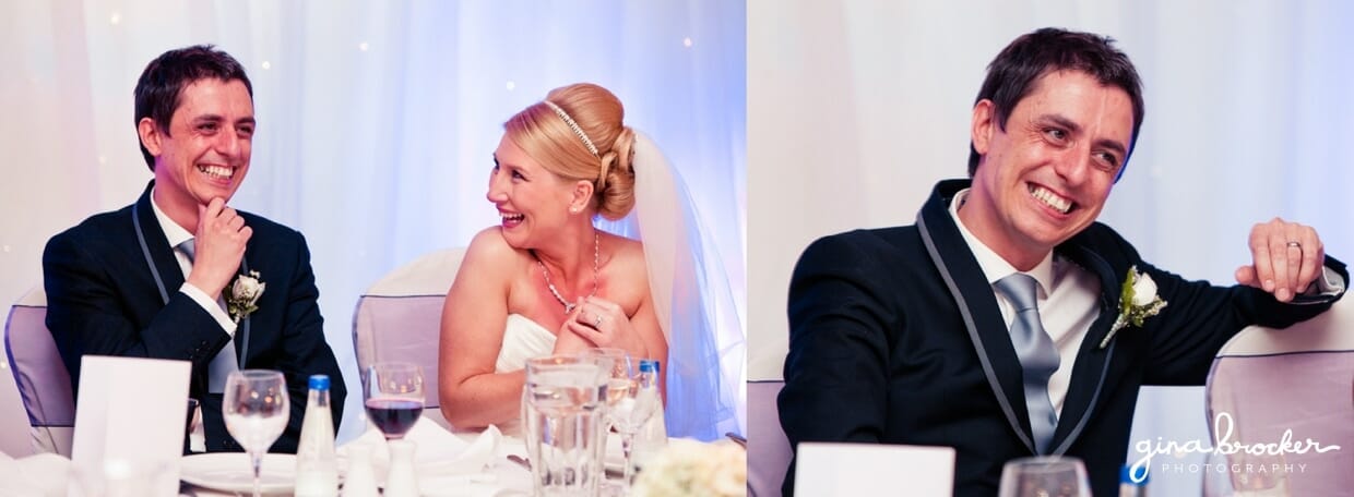 The bride and groom laugh during the hilarious best man toast