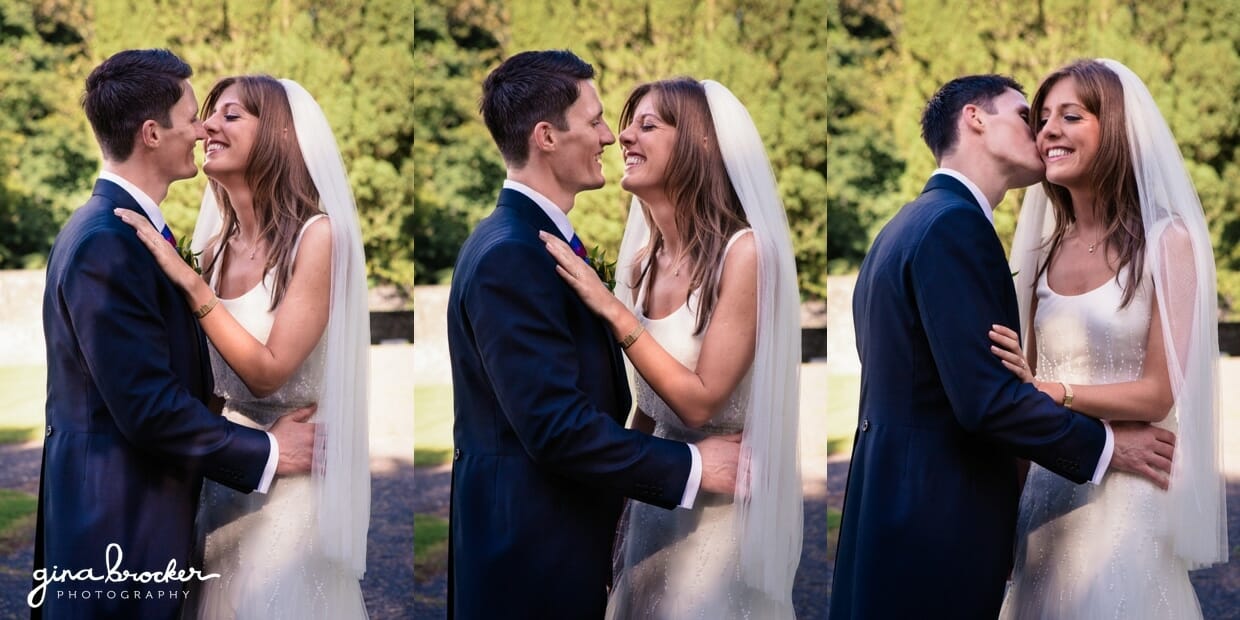A series of cute wedding portraits of the bride and groom laughing and kissing