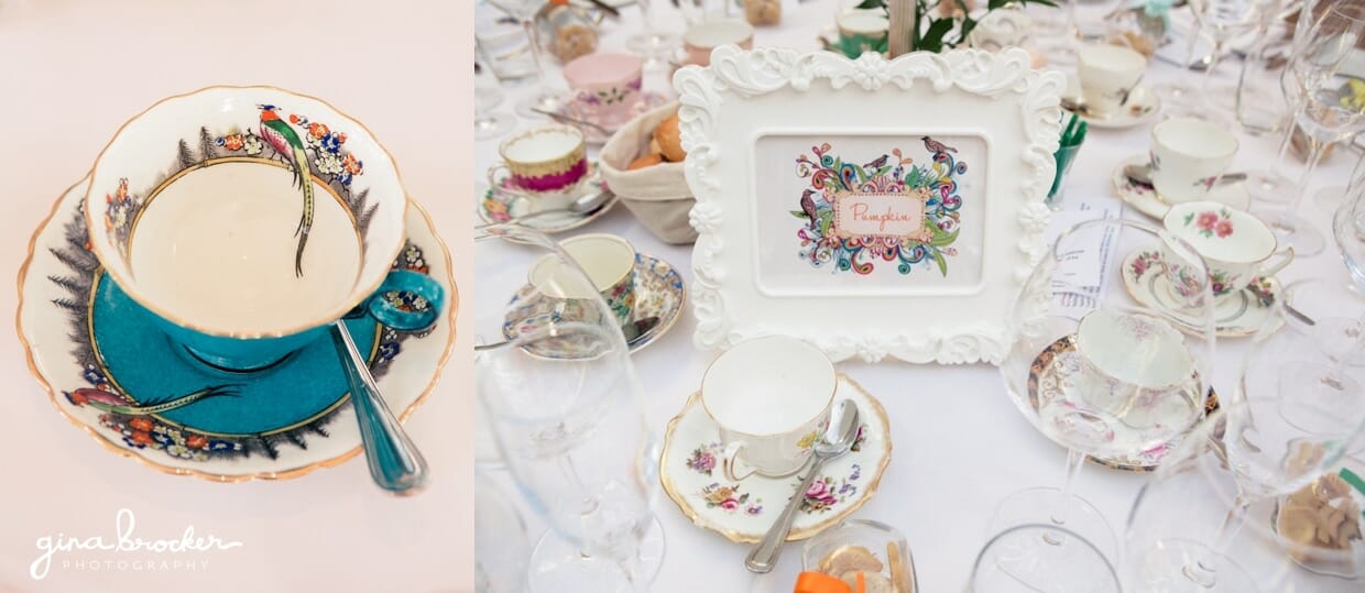Colorful and elegant wedding decor with vintage tea cups and whimsical bird details