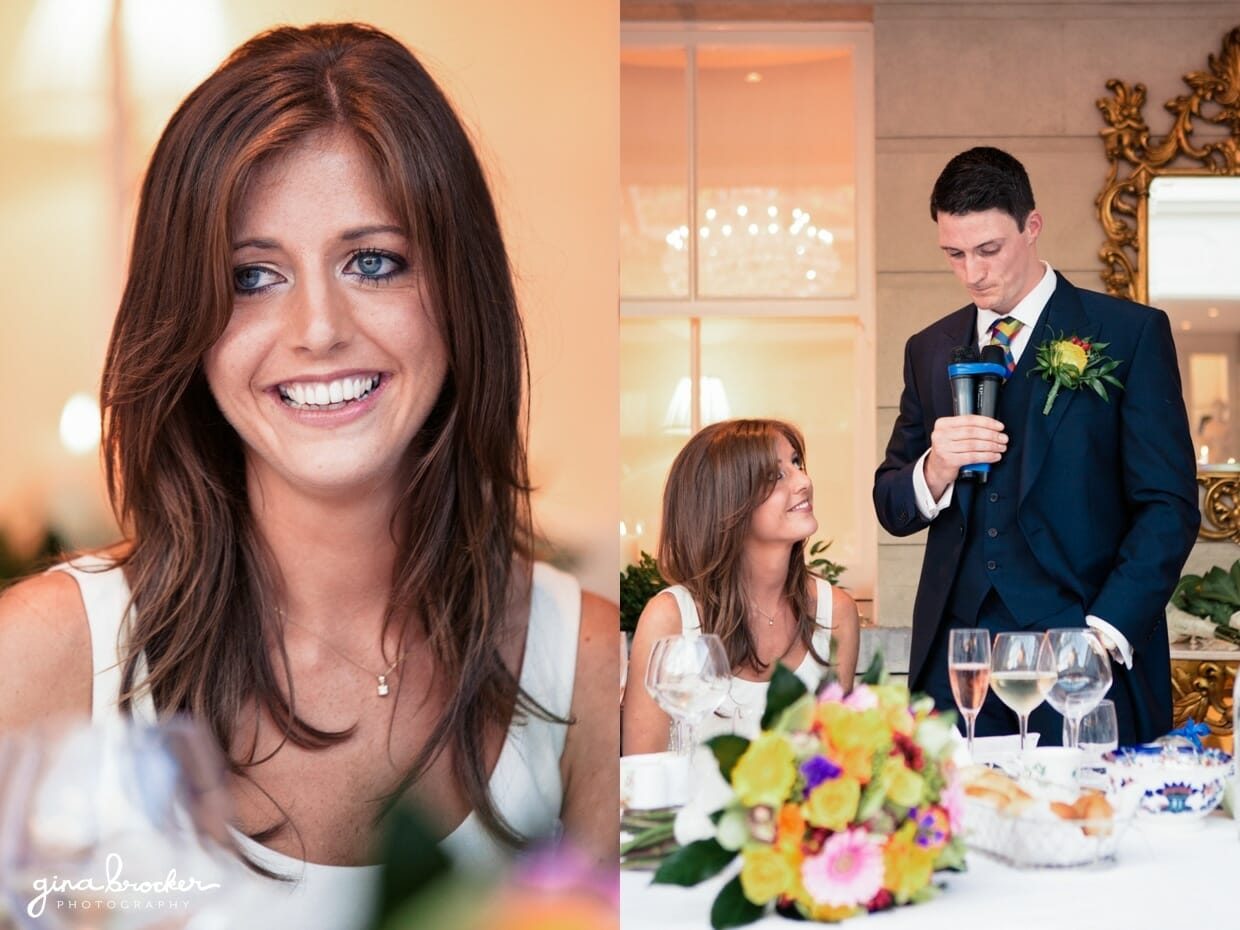 The bride smiles at her new husband during his personal and touching wedding toast