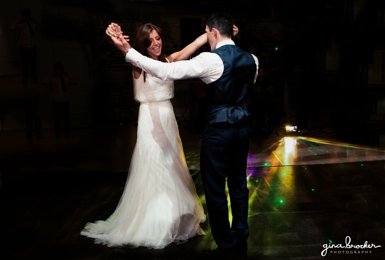 The bride and groom have fun during their sweet first dance as husband and wife