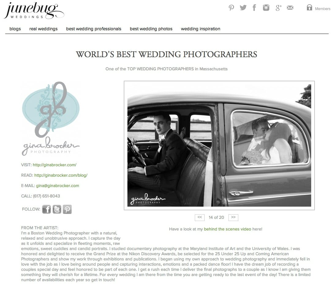 The portfolio of Gina Brocker, one of the worlds best wedding photographers on Junebug Weddings