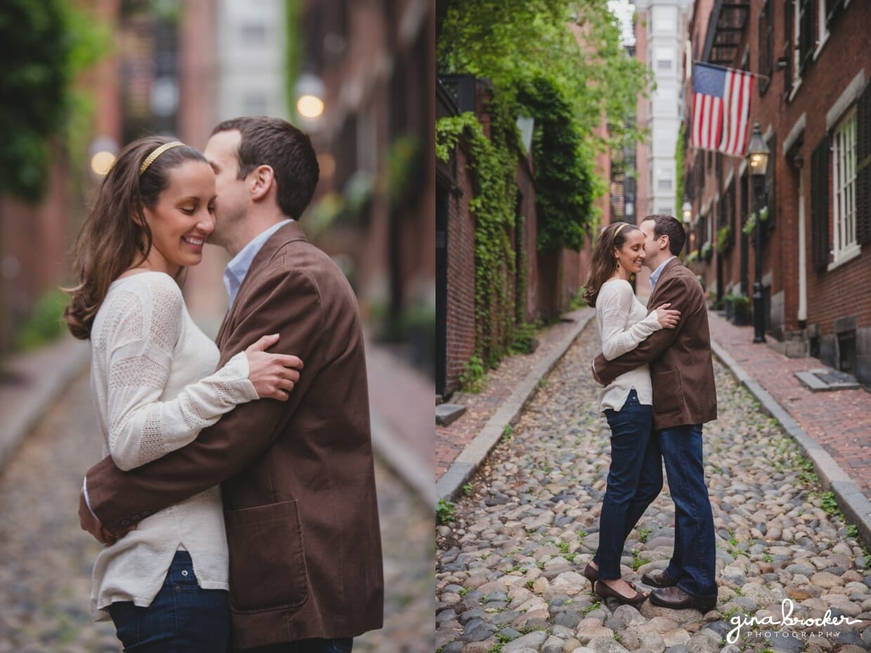 A couple kiss on the streets of Beacon Hill during their relaxed Boston engagement session