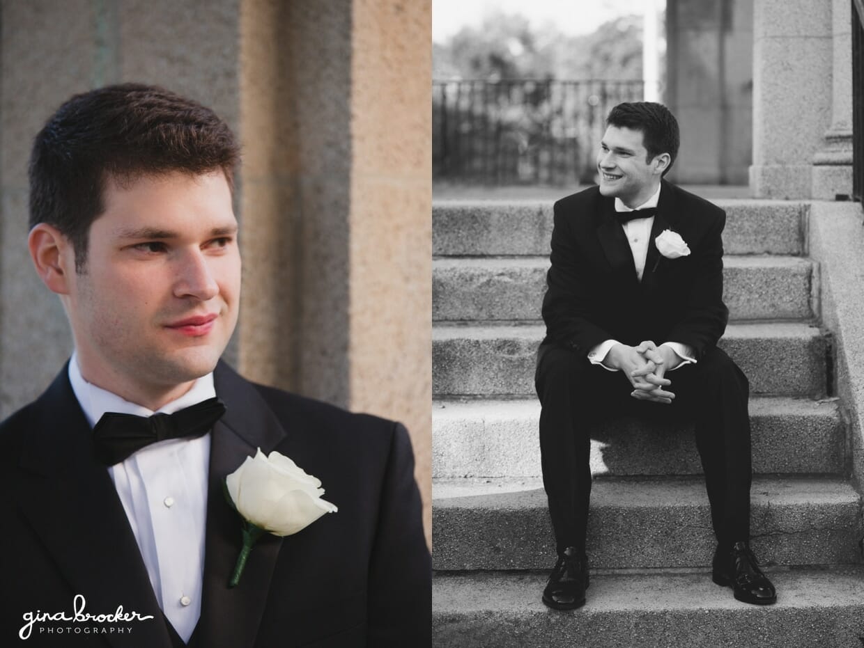 Portrait of a groom sitting on some steps in Salem Common before his wedding at the Hawthorne Hotel Salem