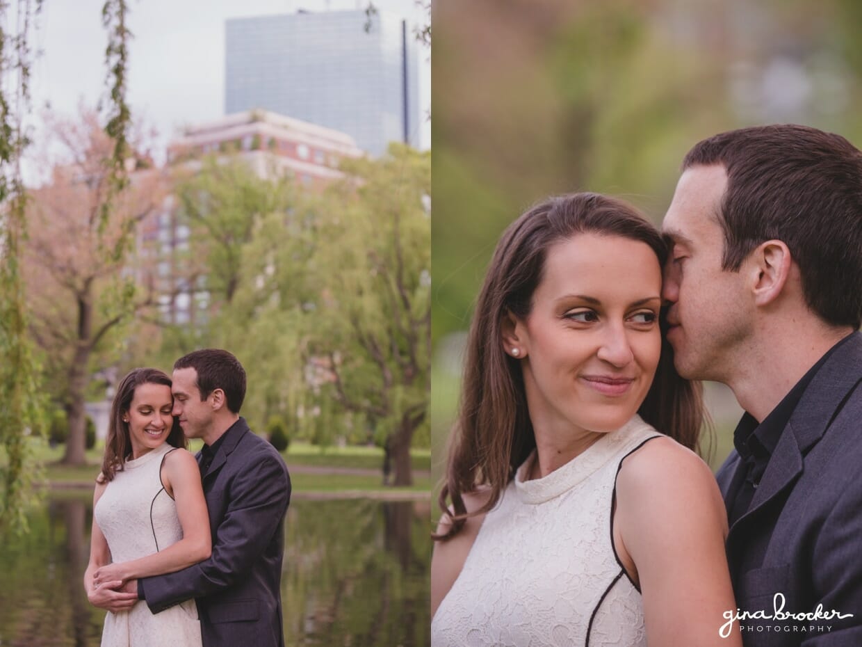 A sweet portrait of couple cuddling during their engagement session in the Boston Public Gardens