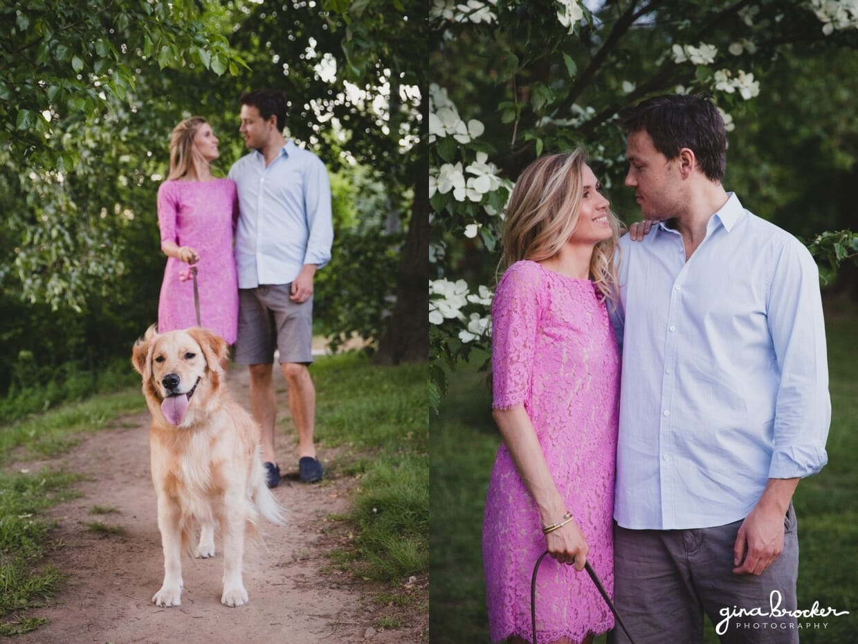 A couple walk their dog during their prospect park engagement session in brooklyn, new york