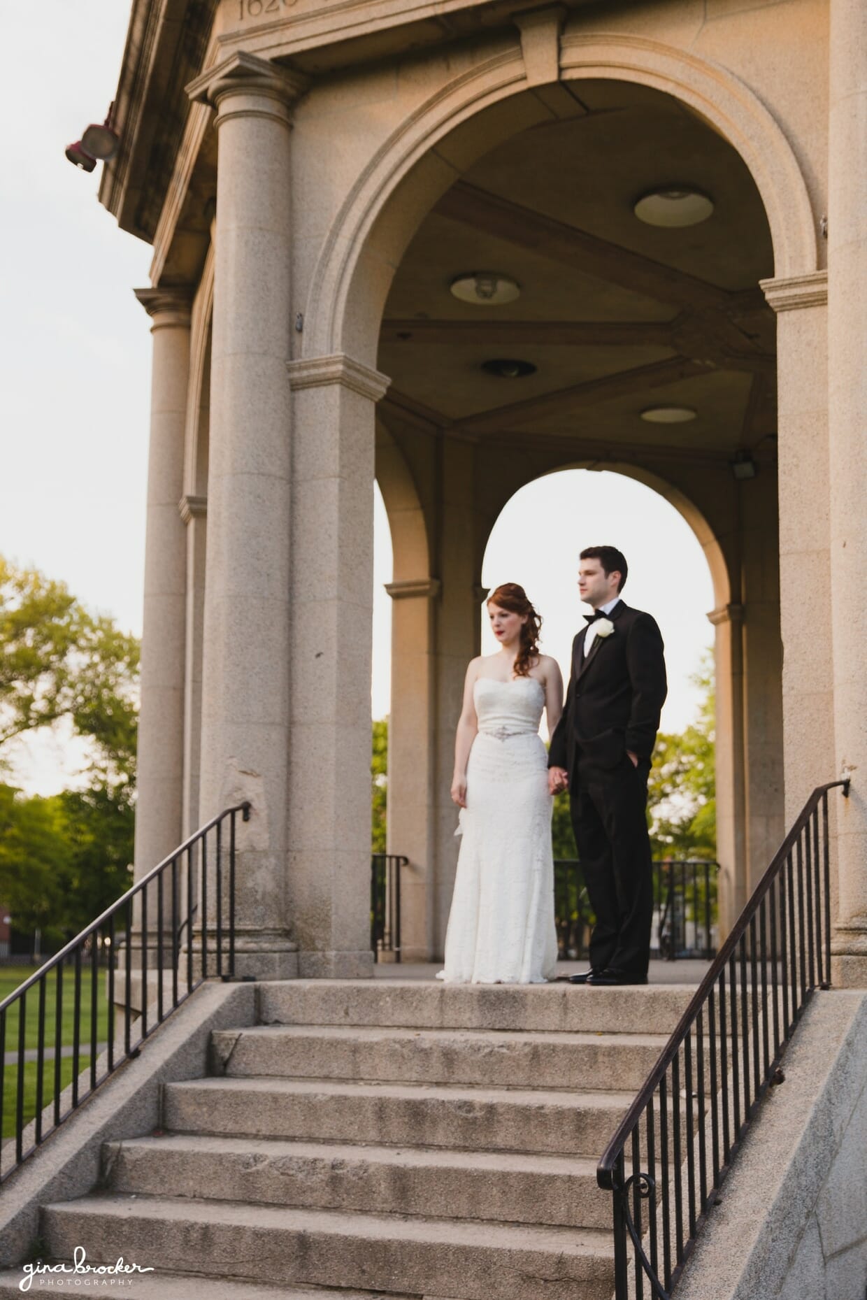 A beautiful and modern portrait of a bride and groom in Salem Common during their Hawthorne Hotel Wedding