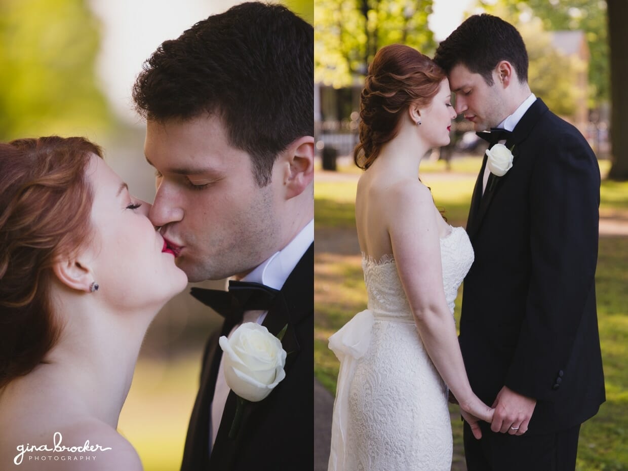 A natural and relaxed portrait of a bride and groom in Salem Common during their wedding at Hawthorne Hotel