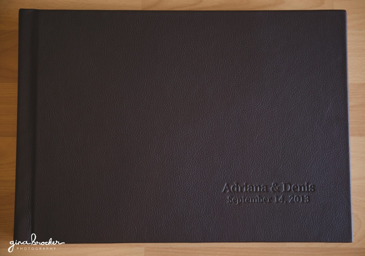 Flush mount wedding album with embossed brown leather cover