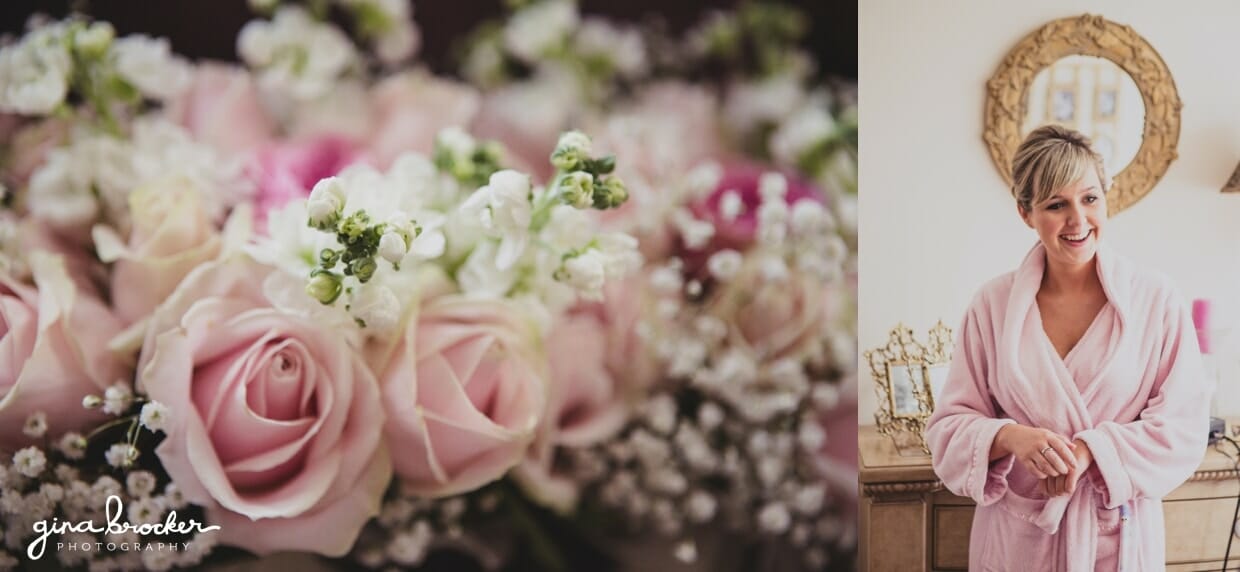 detailed photograph of pale pink rose bouquet at a classic garden wedding