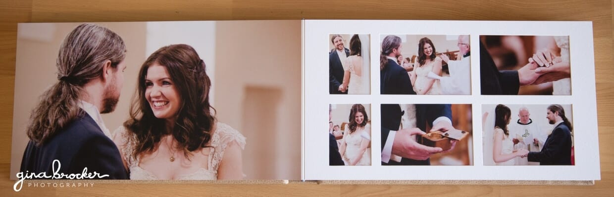 A bespoke wedding album that combines mat pages with flushmount pages for a timeless and contemporary look
