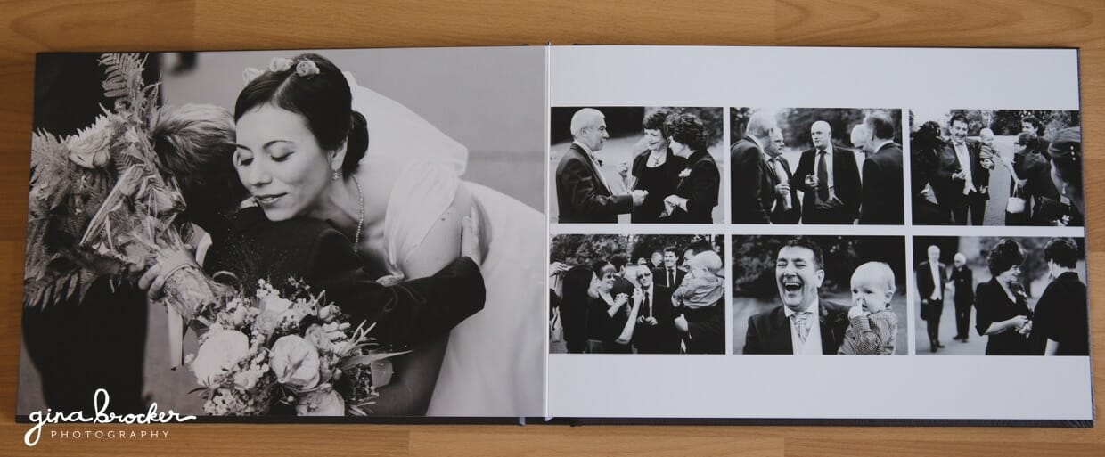 Flush mount wedding album layout with candid photographs of a wedding cocktail hour