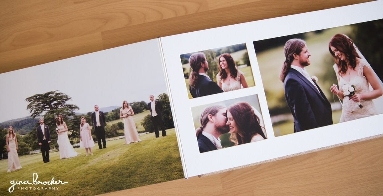 A bespoke wedding album that combines flushmount pages and mat pages to allow for full page spreads and beautiful design