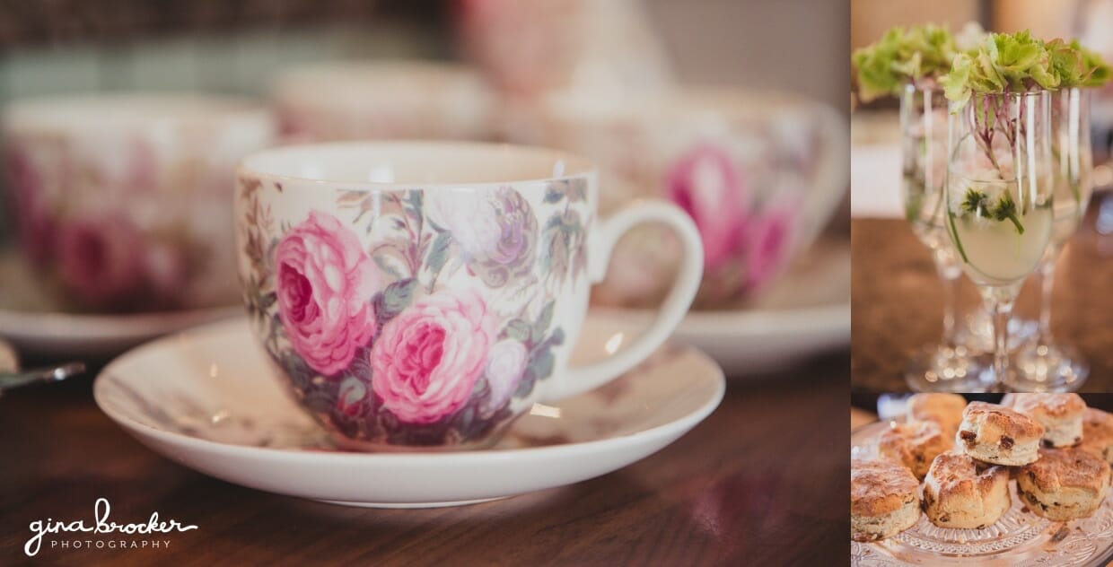vintage tea cups and homemade biscuits at a classic garden wedding