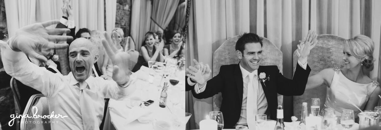 The guest cheer and sing during their a fun wedding dinner at a classic garden wedding