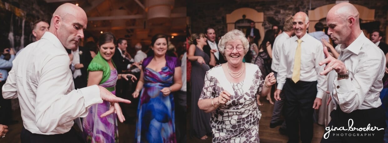 Fun photographs of guest dancing during a classic wedding reception