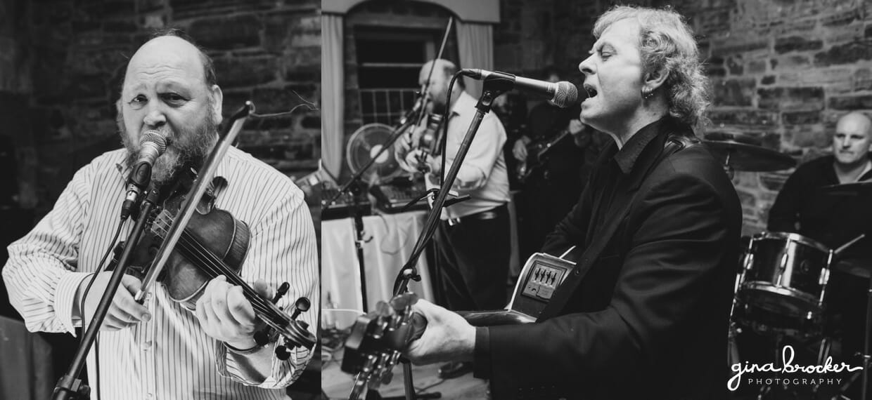 An acoustic traditional band play at a classic garden wedding reception