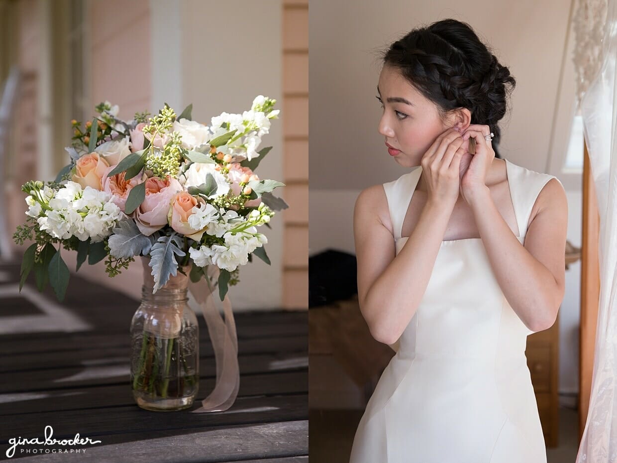 A peach wedding bouquet alongside a bride getting ready on the morning of her gloucester wedding