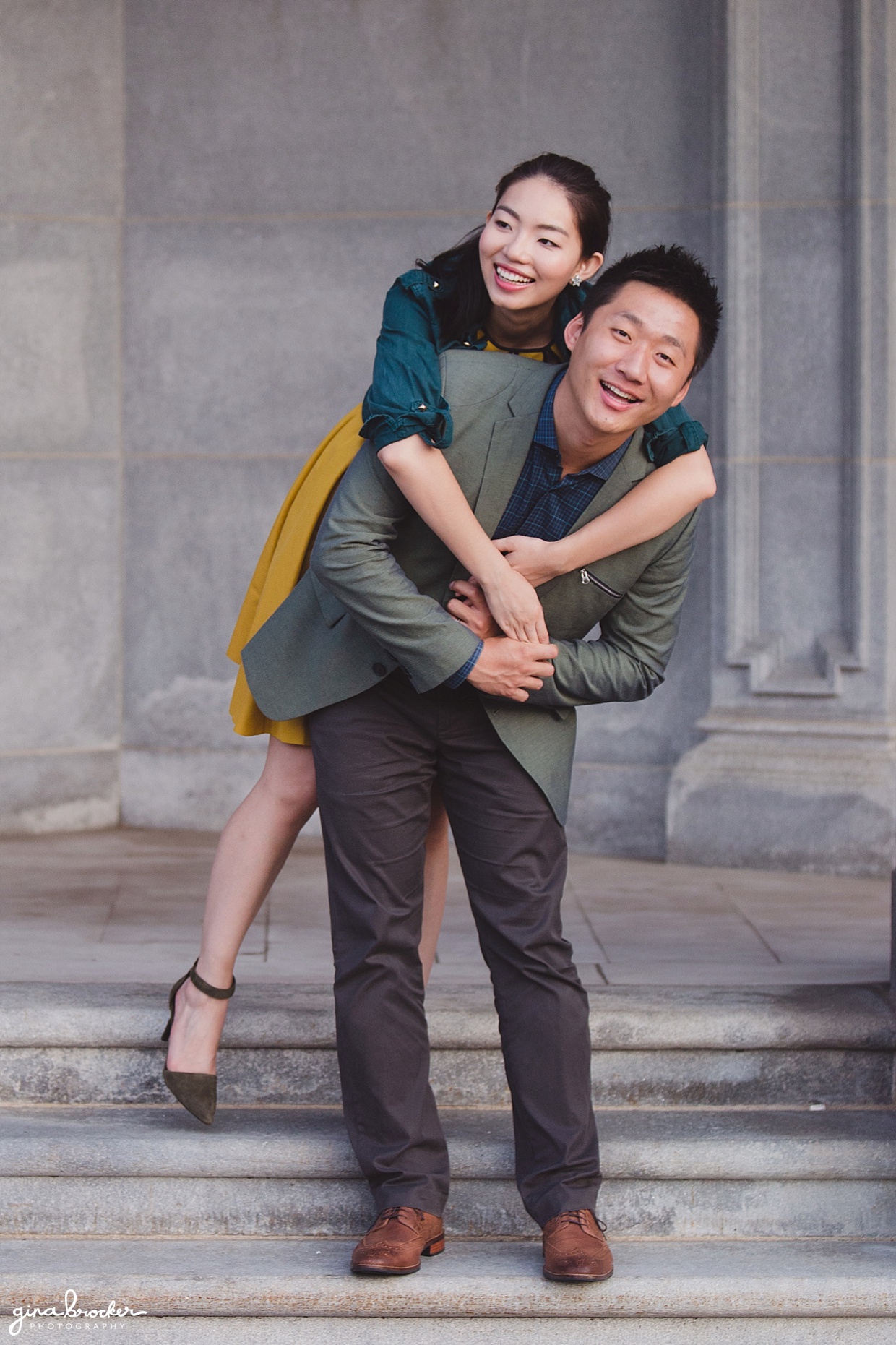 A fun portrait of a couple during their Christian Science Center Engagement Session in Boston, Massachusetts