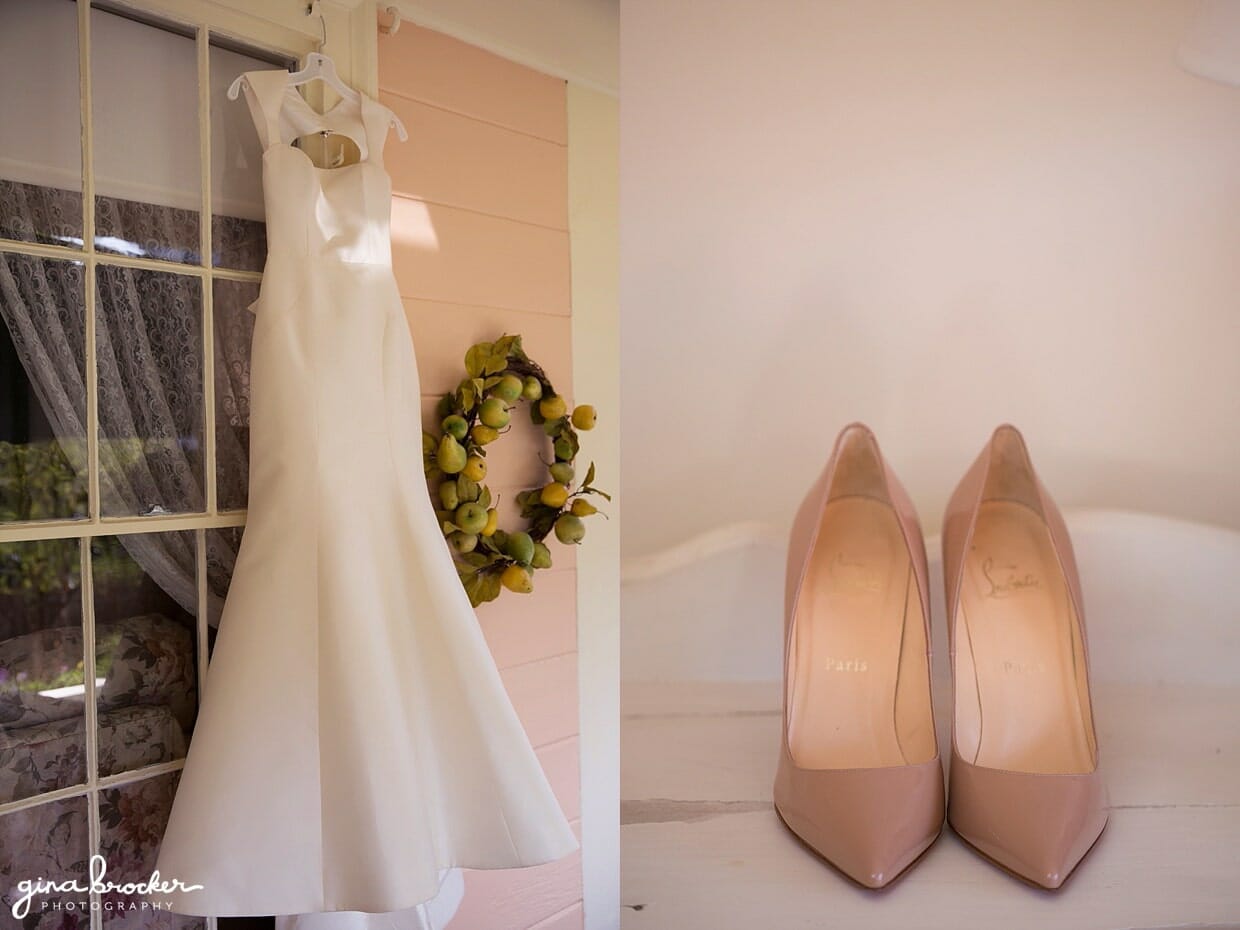 A pretty photograph of a simple Amsale wedding dress and Christian Louboutin wedding shoes.