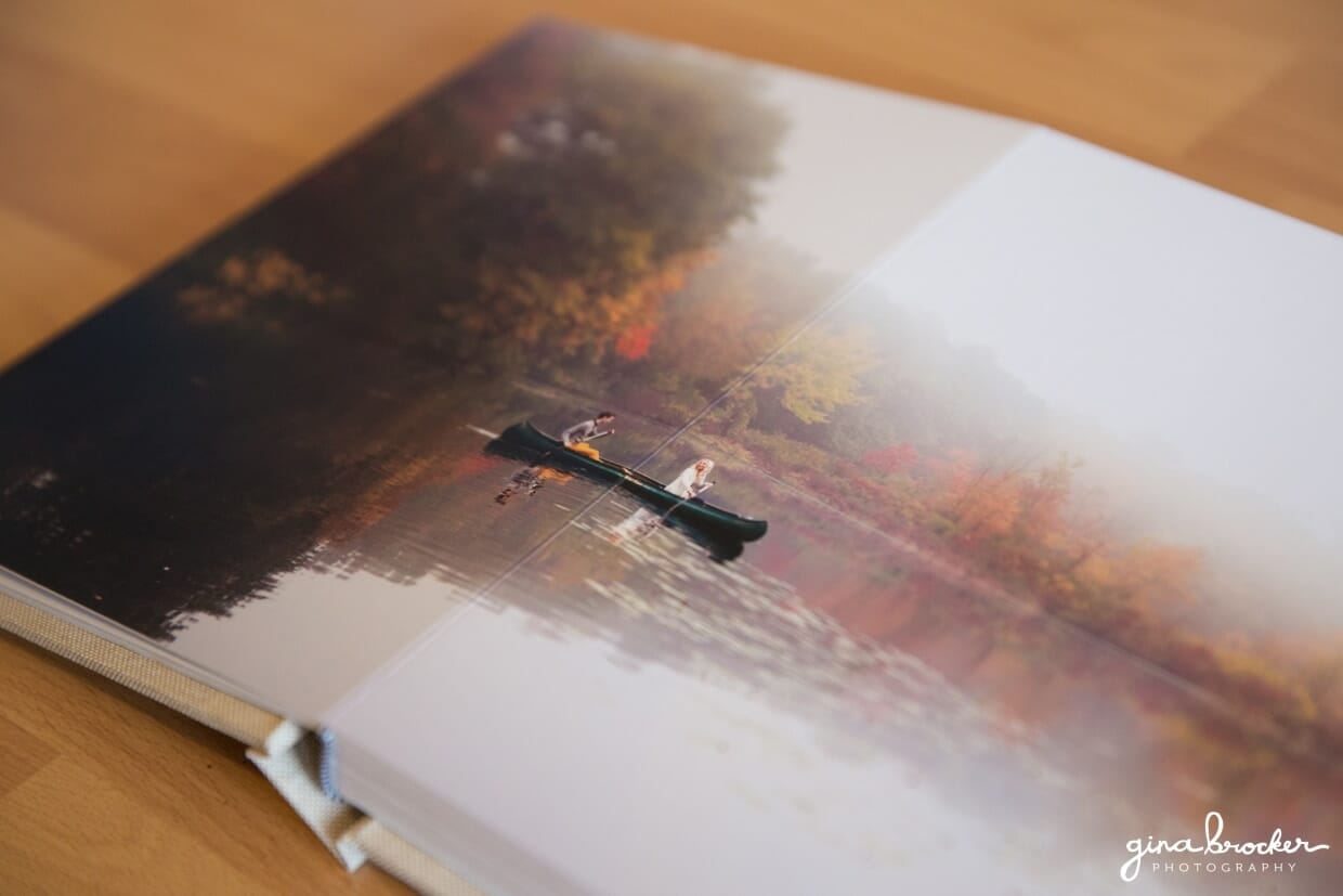 A full page spread of an engagement photograph in a custom photo guest book