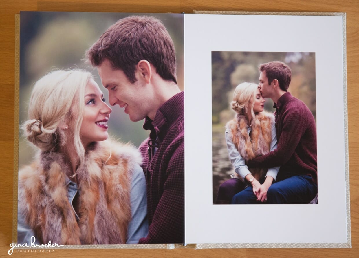 A custom wedding guest book featuring engagement photographs from a fall session in boston