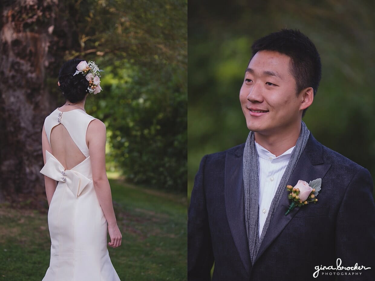 A portrait of a bride that features the back of her stunning Amsale dress along with a portrait of a groom in a John Varvatos suit
