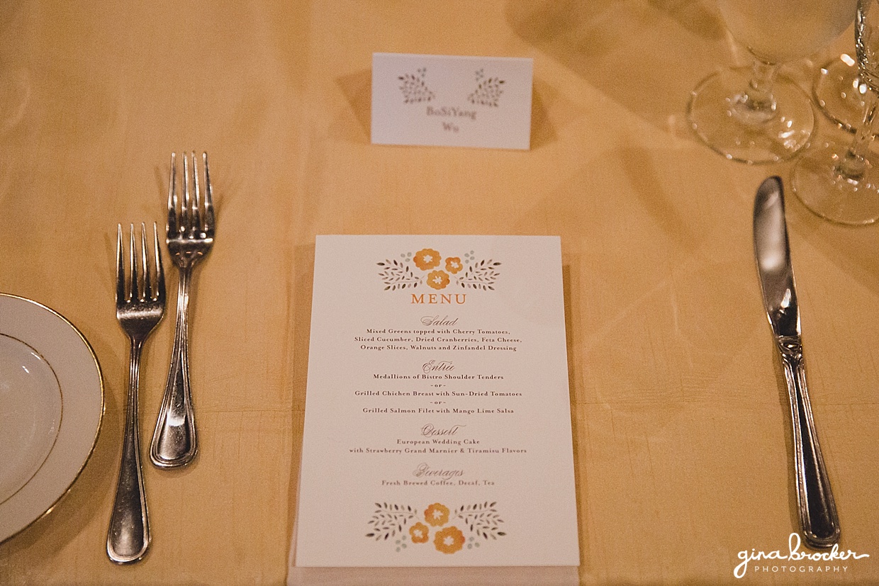 A personalized menu and fall wedding decor at a Hammond Castle wedding