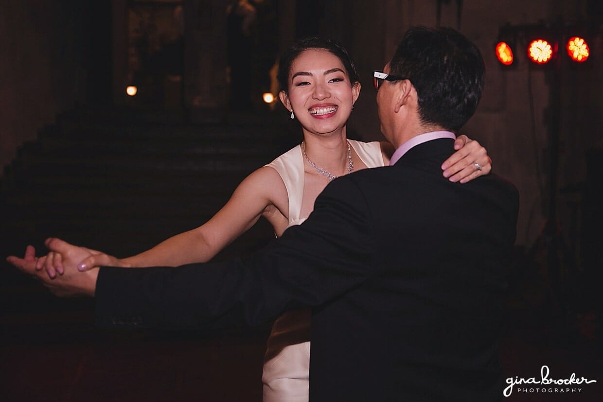 A sweet father daughter dance during a classic and romantic wedding at Hammond Castle in Gloucester, Massachusetts