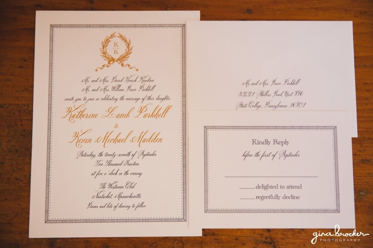 A classic wedding invitation set with a gold and navy color scheme and nautical inspiration