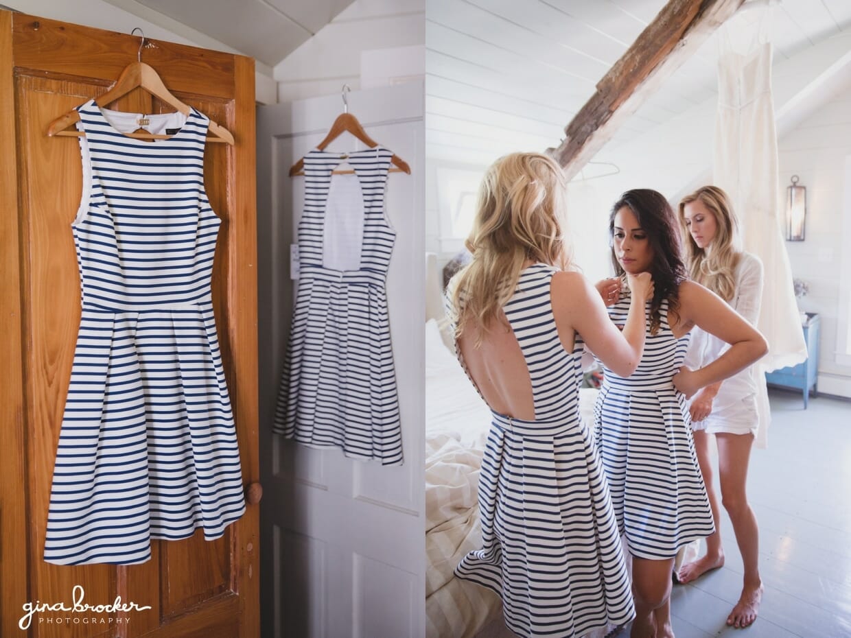The bridesmaids put on their nautical inspired dresses on the morning of the Nantucket wedding in Westmoor Club