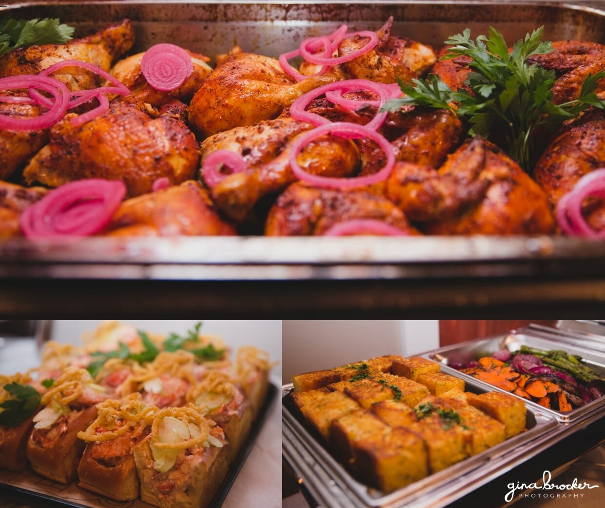 Rustic BBQ style food being served during a wedding rehearsal dinner at the Backyard BBQ restaurant in Nantucket, Massachusetts