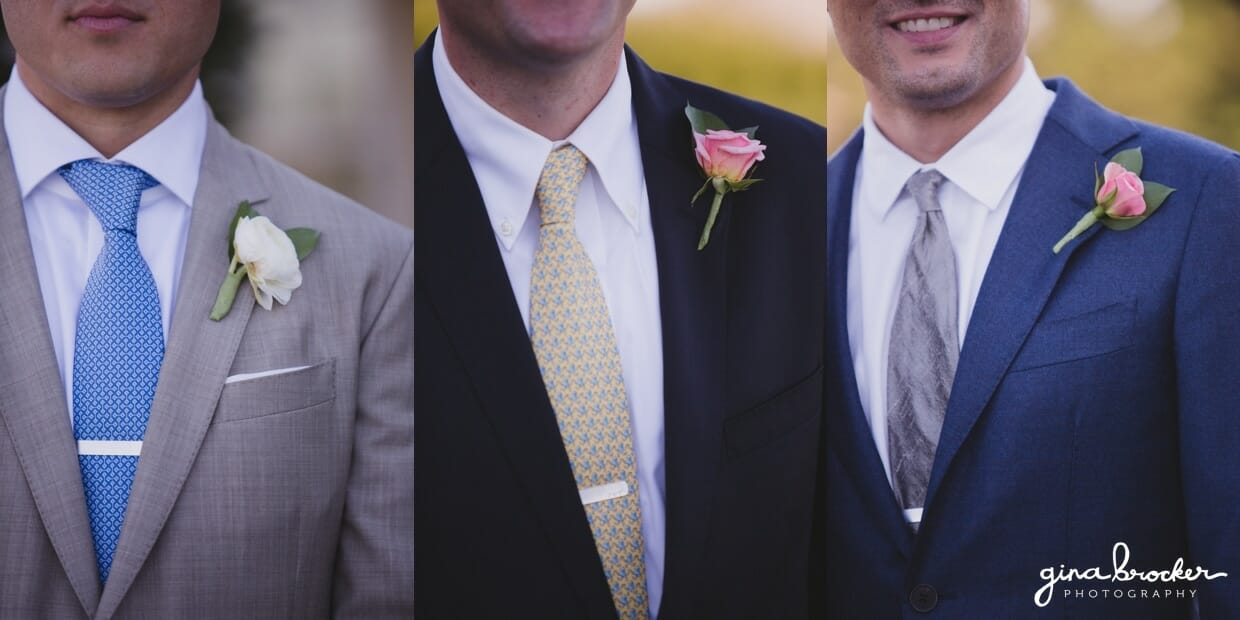 A detail photograph of the groomsmen wearing cream and pink  boutonniere during a Nantucket Wedding at the Westmoor Club